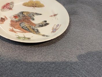 A Chinese famille rose 'bird and insects' cup and saucer, Yongzheng